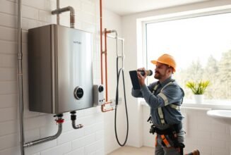 plumber installing water heater in the attic