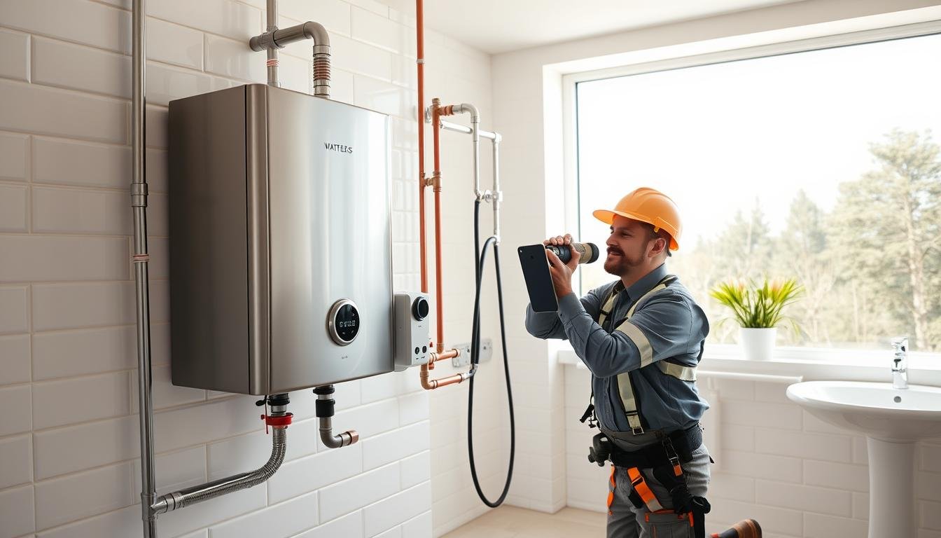 plumber installing water heater in the attic